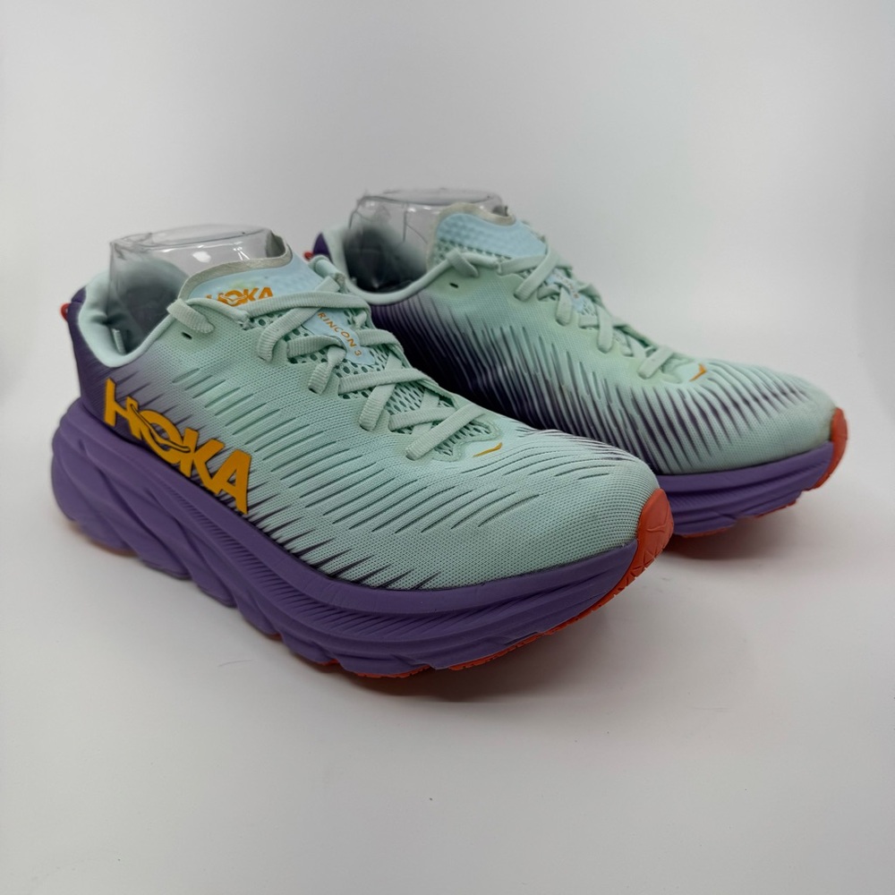 Hoka One One Mint Green and Purple Women's Running Sneakers with Orange Accents